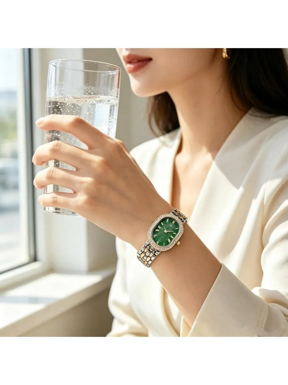 Women's Duotone Green Oval Rhinestones Case Adjustable Stainless Steel Watch